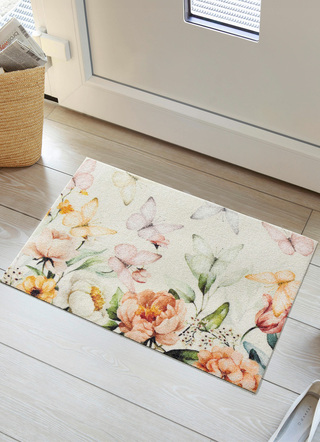 Aantrekkelijke deurmat met bloemen en vlinders
